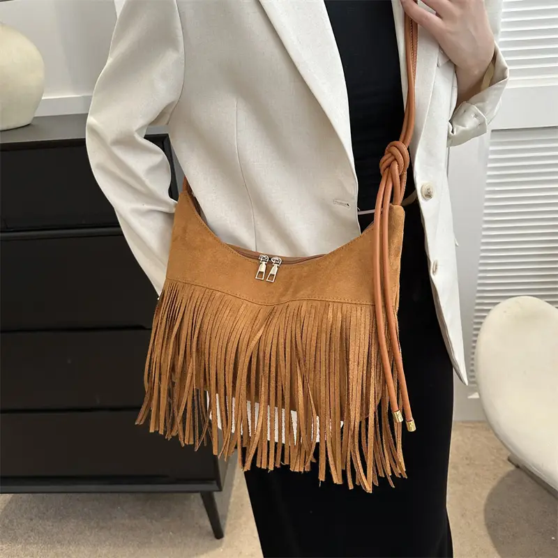 Tassel Crossbody Bag Women Winter Shoulder Bag Brown White - Image 5