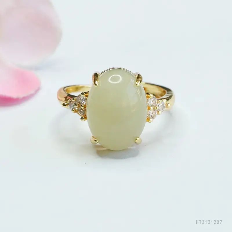 Guan Yu Jade Pendant Earrings Ring Set Gold Plated - Image 2