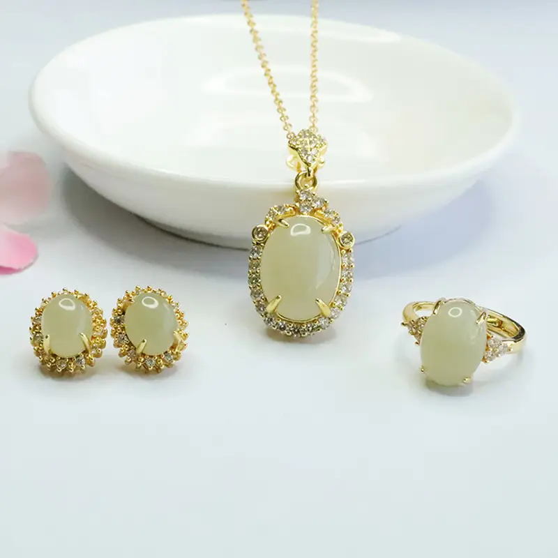 Guan Yu Jade Pendant Earrings Ring Set Gold Plated - Image 5