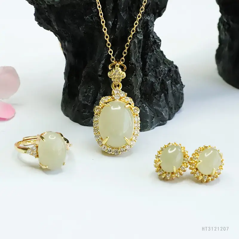 Guan Yu Jade Pendant Earrings Ring Set Gold Plated — feature 10