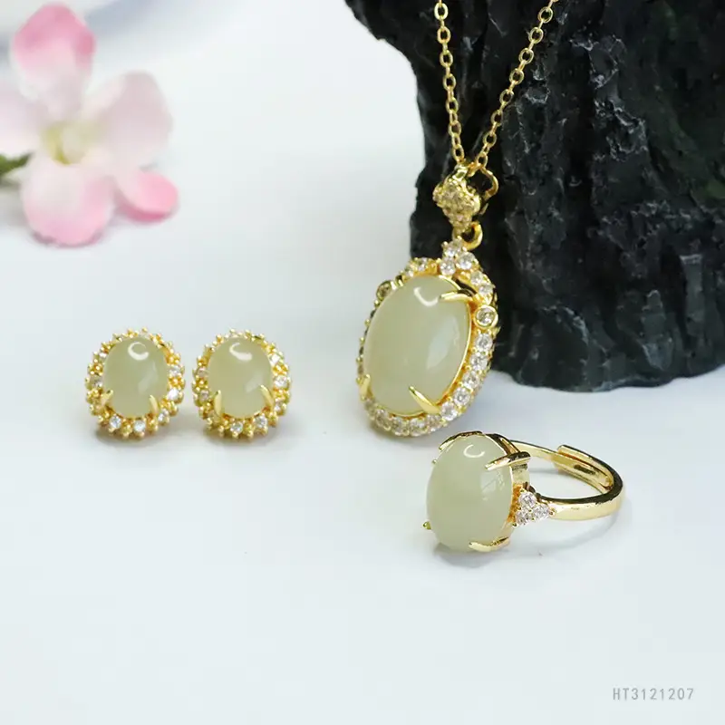 Guan Yu Jade Pendant Earrings Ring Set Gold Plated — feature 11