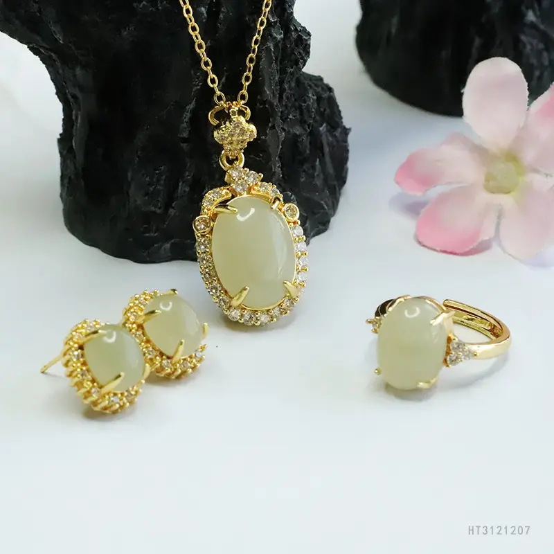 Guan Yu Jade Pendant Earrings Ring Set Gold Plated — feature 12