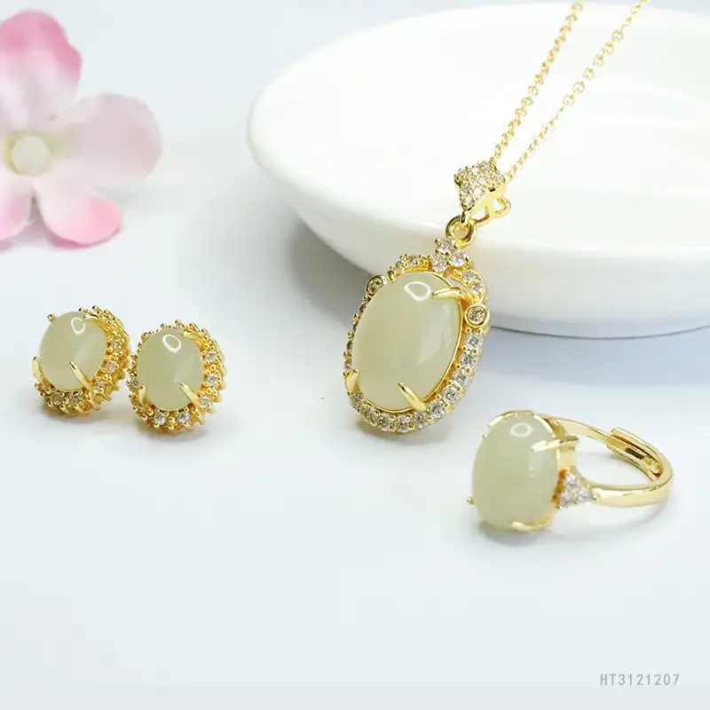 Guan Yu Jade Pendant Earrings Ring Set Gold Plated — feature 5