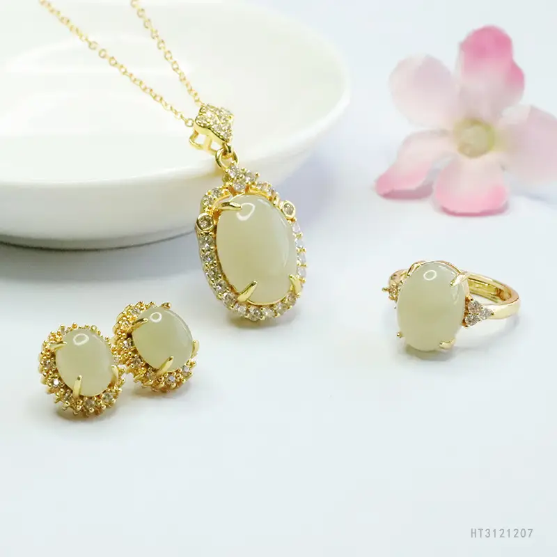 Guan Yu Jade Pendant Earrings Ring Set Gold Plated — feature 6