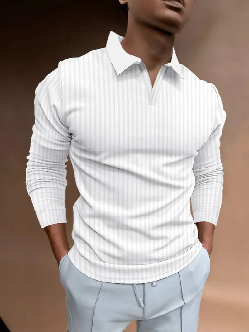 Men Blue Striped V Neck Polo Shirt Long Sleeve - Image 10