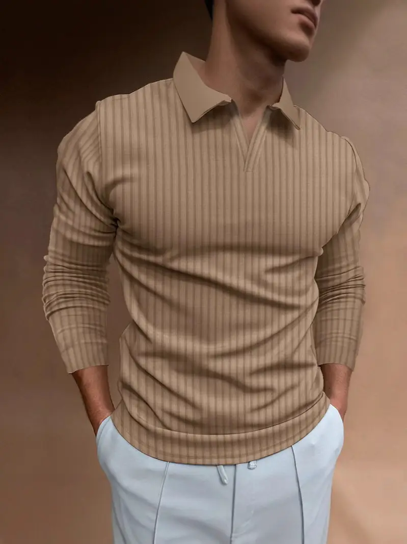 Men Blue Striped V Neck Polo Shirt Long Sleeve - Image 11