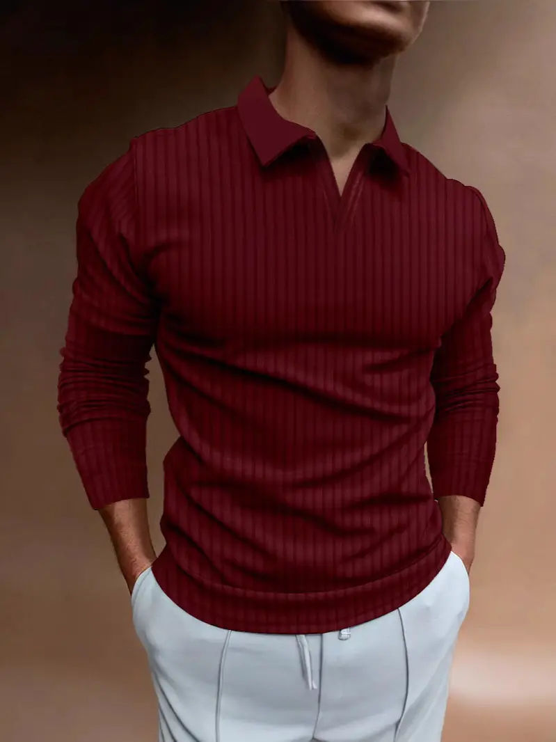 Men Blue Striped V Neck Polo Shirt Long Sleeve - Image 12