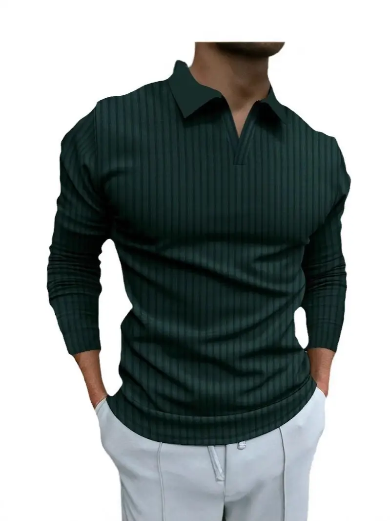 Men Blue Striped V Neck Polo Shirt Long Sleeve - Image 13