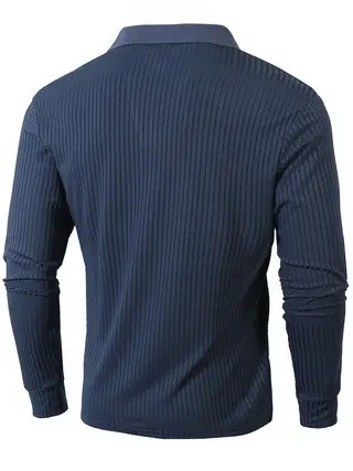 Men Blue Striped V Neck Polo Shirt Long Sleeve — feature 10