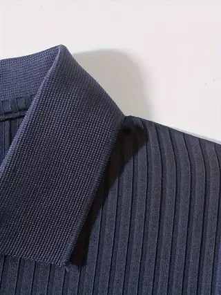 Men Blue Striped V Neck Polo Shirt Long Sleeve — feature 12