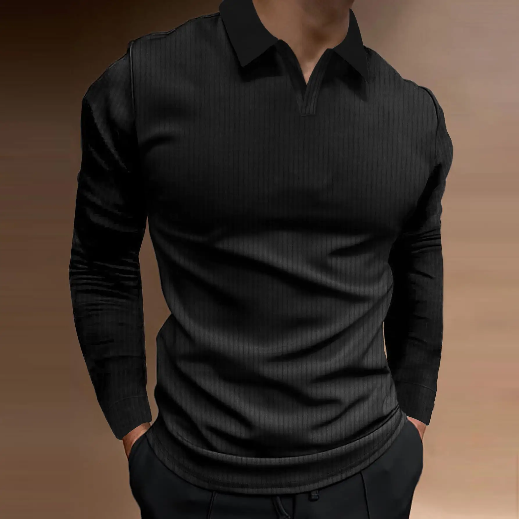 Men Blue Striped V Neck Polo Shirt Long Sleeve — feature 14