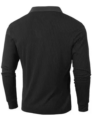 Men Blue Striped V Neck Polo Shirt Long Sleeve — feature 15