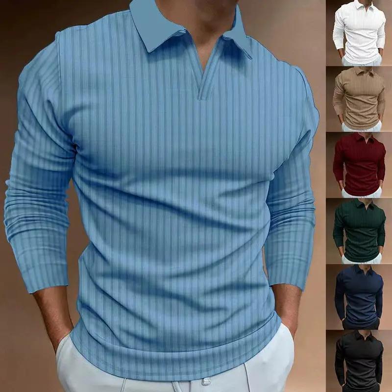 Men Blue Striped V Neck Polo Shirt Long Sleeve — feature 2