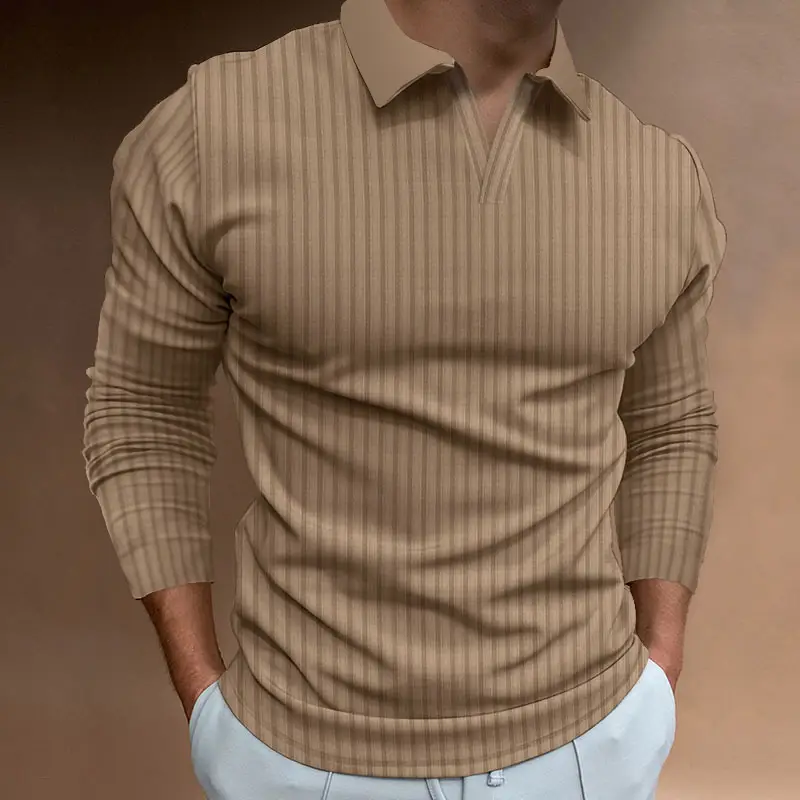 Men Blue Striped V Neck Polo Shirt Long Sleeve — feature 25