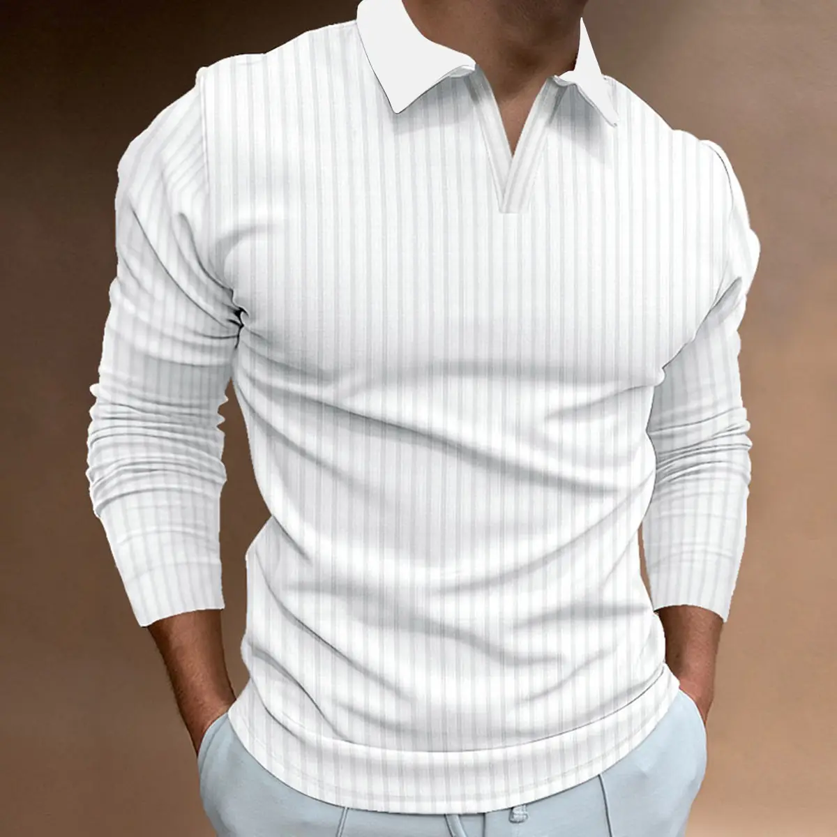 Men Blue Striped V Neck Polo Shirt Long Sleeve — feature 3