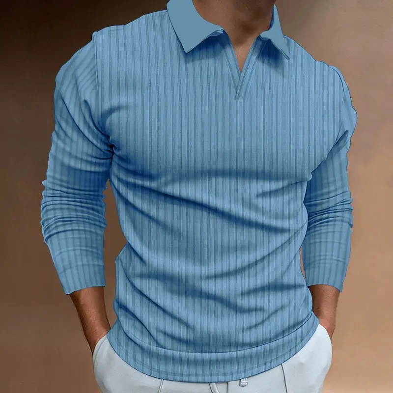 Men Blue Striped V Neck Polo Shirt Long Sleeve — feature 32