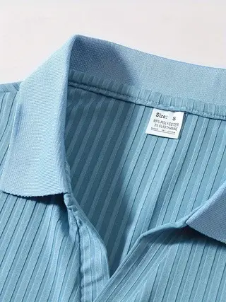 Men Blue Striped V Neck Polo Shirt Long Sleeve — feature 36