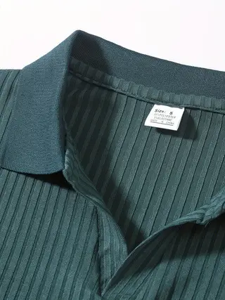 Men Blue Striped V Neck Polo Shirt Long Sleeve — feature 40