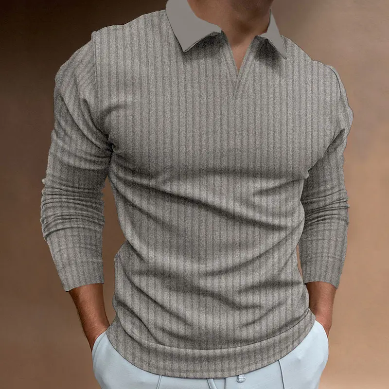 Men Blue Striped V Neck Polo Shirt Long Sleeve — feature 44