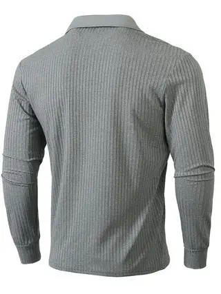 Men Blue Striped V Neck Polo Shirt Long Sleeve — feature 45