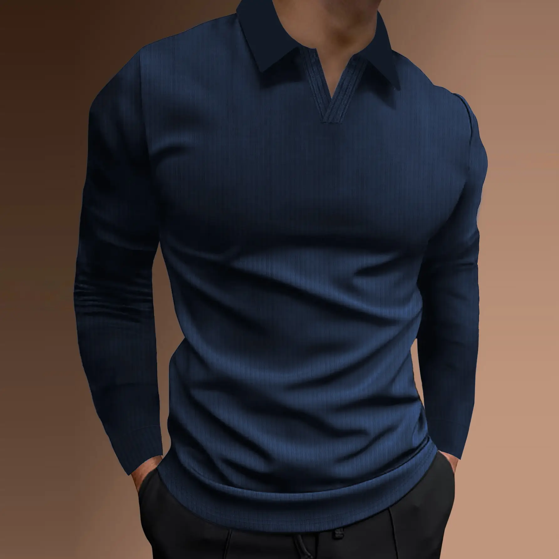 Men Blue Striped V Neck Polo Shirt Long Sleeve — feature 9