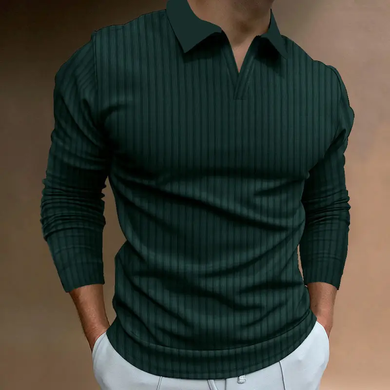 Men Blue Striped V Neck Polo Shirt Long Sleeve - Image 4