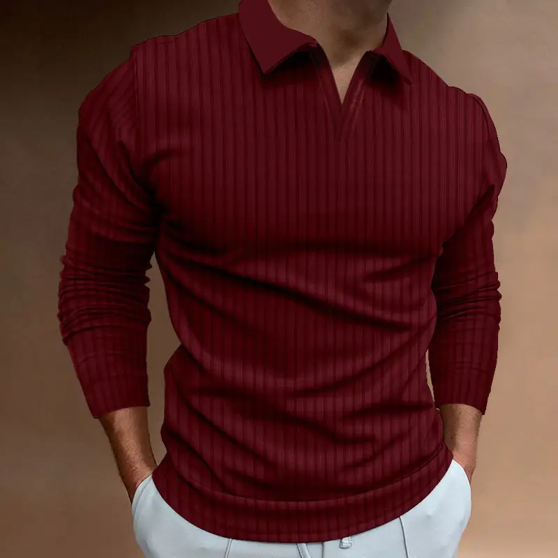 Men Blue Striped V Neck Polo Shirt Long Sleeve - Image 7