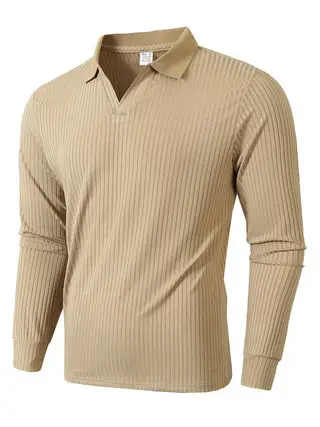 Men Blue Striped V Neck Polo Shirt Long Sleeve - Image 8