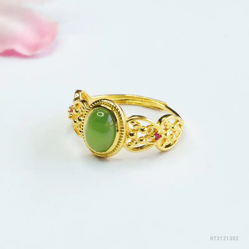 Guan Yu Jade Ring Green Emerald Gold Plated - Image 3