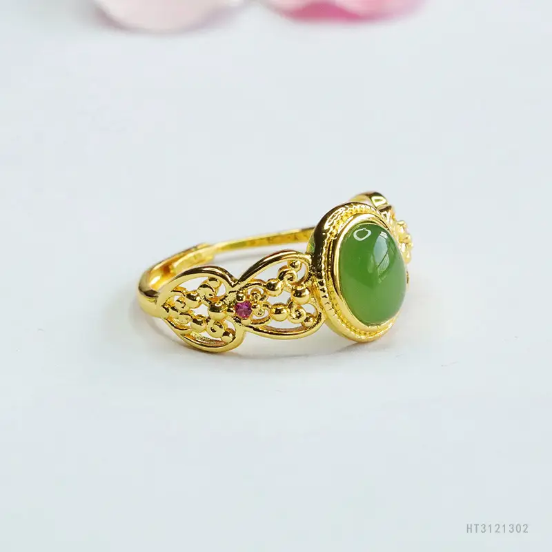 Guan Yu Jade Ring Green Emerald Gold Plated - Image 4