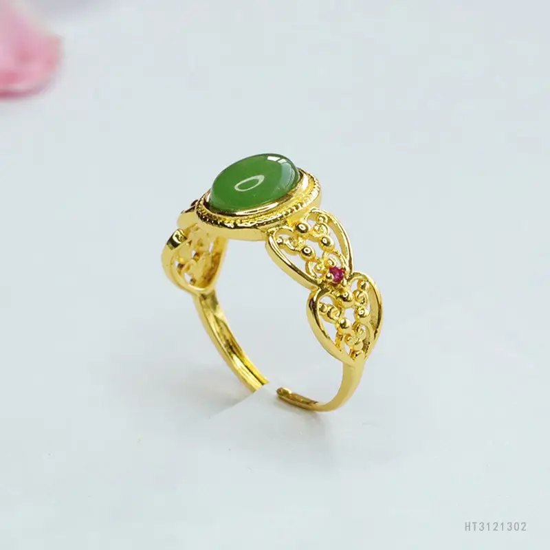 Guan Yu Jade Ring Green Emerald Gold Plated - Image 5