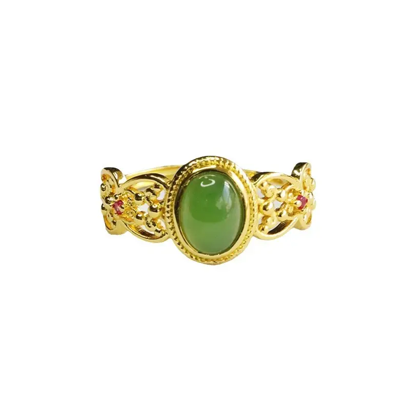 Guan Yu Jade Ring Green Emerald Gold Plated - Image 6
