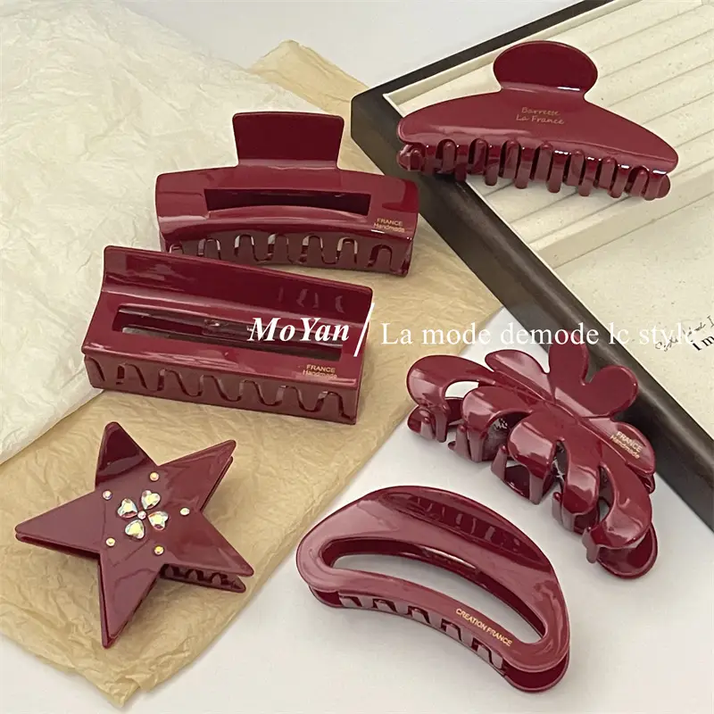 Red Acetate Hair Clips Set for Women