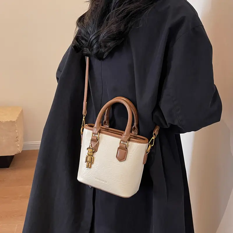 Women's White Leather Bucket Bag with Strap - Image 8