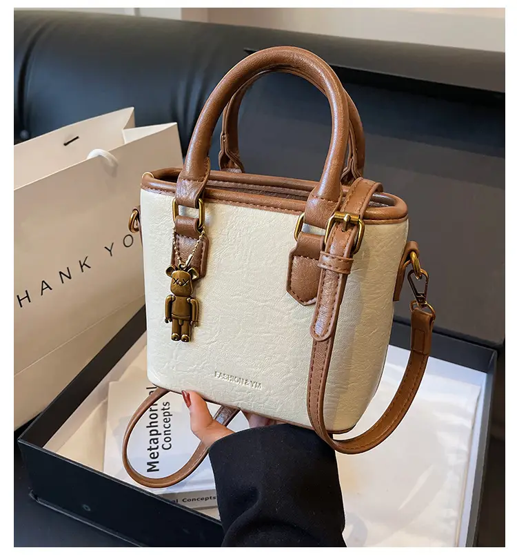 Women's White Leather Bucket Bag with Strap — feature 1