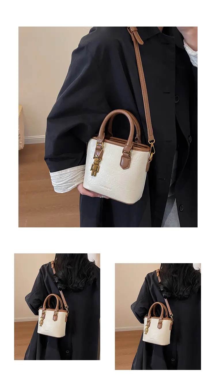 Women's White Leather Bucket Bag with Strap — feature 11