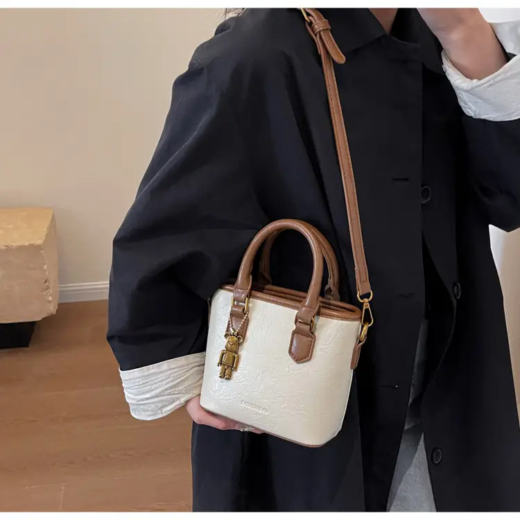 Women's White Leather Bucket Bag with Strap — feature 16