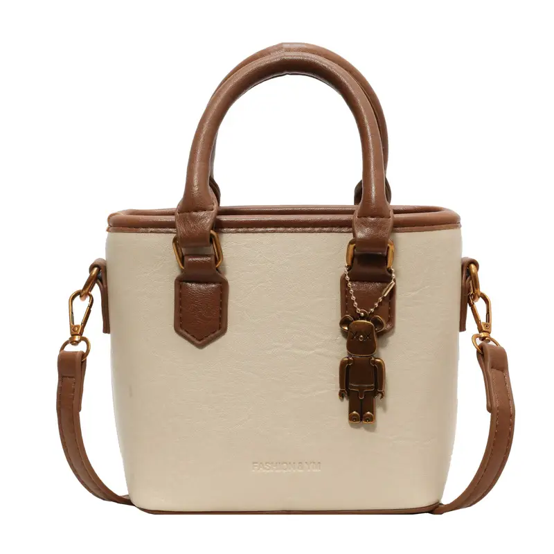 Women's White Leather Bucket Bag with Strap - Image 2