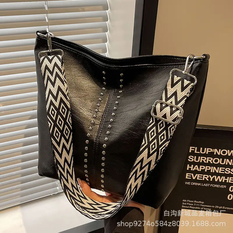 Black Leather Tote Bag with Chain Strap for Women