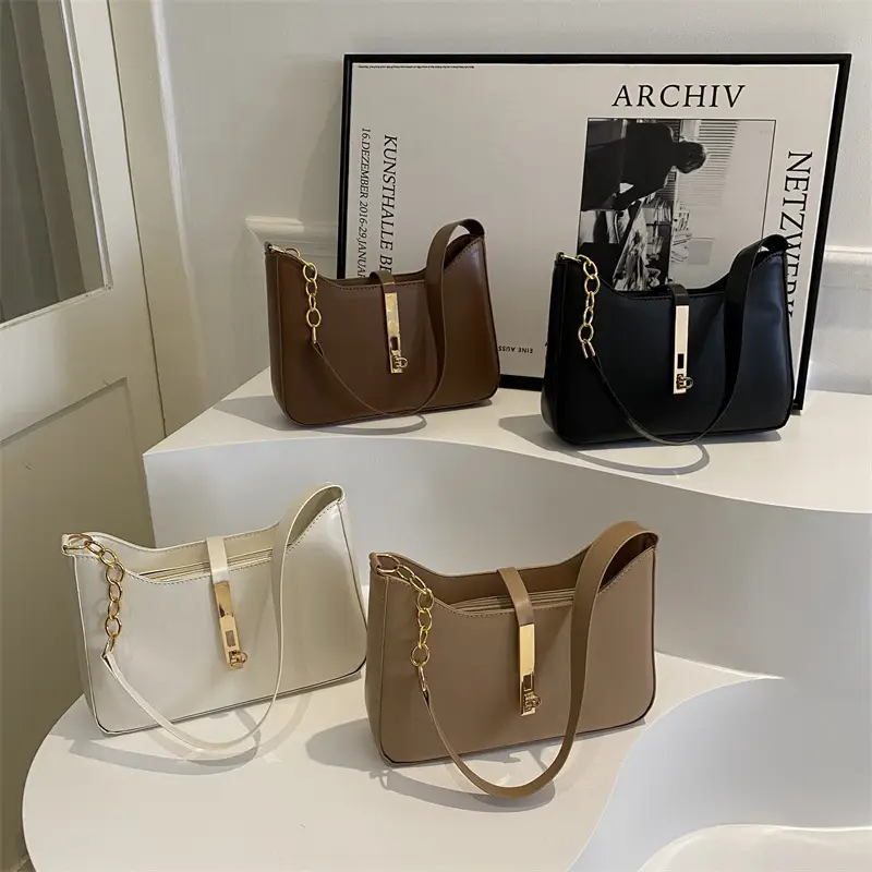 Brown Leather Shoulder Bag with Gold Chain for Women