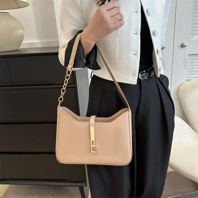Brown Leather Shoulder Bag with Gold Chain for Women