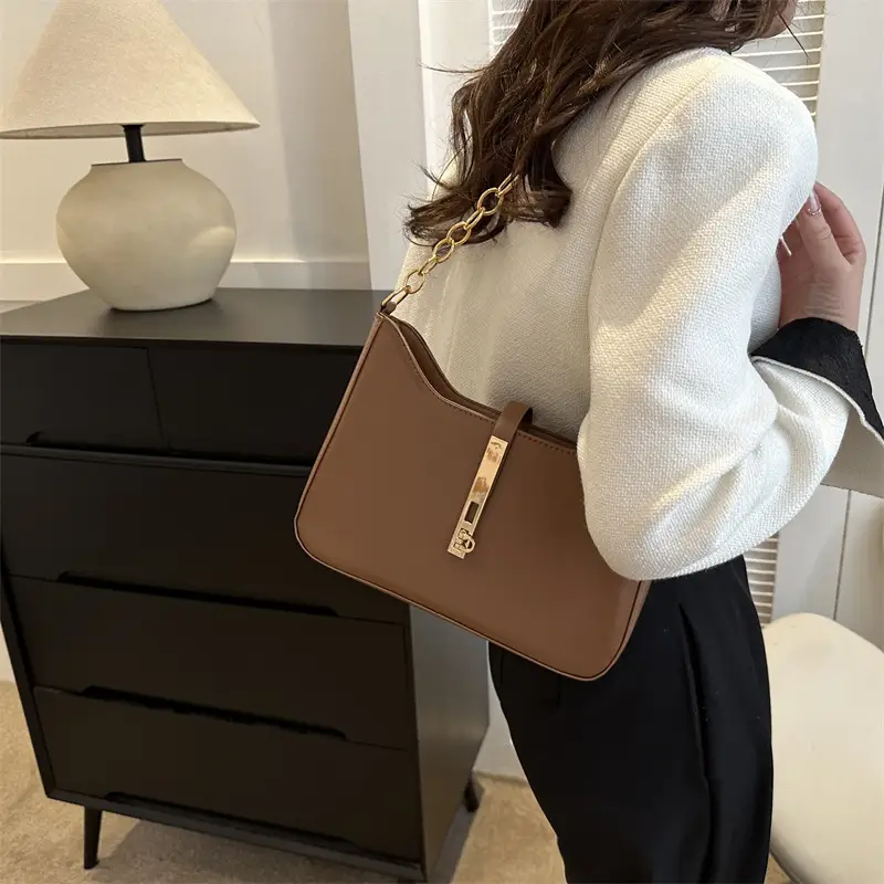Brown Leather Shoulder Bag with Gold Chain for Women