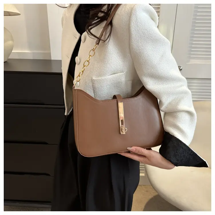 Brown Leather Shoulder Bag with Gold Chain for Women — feature 13