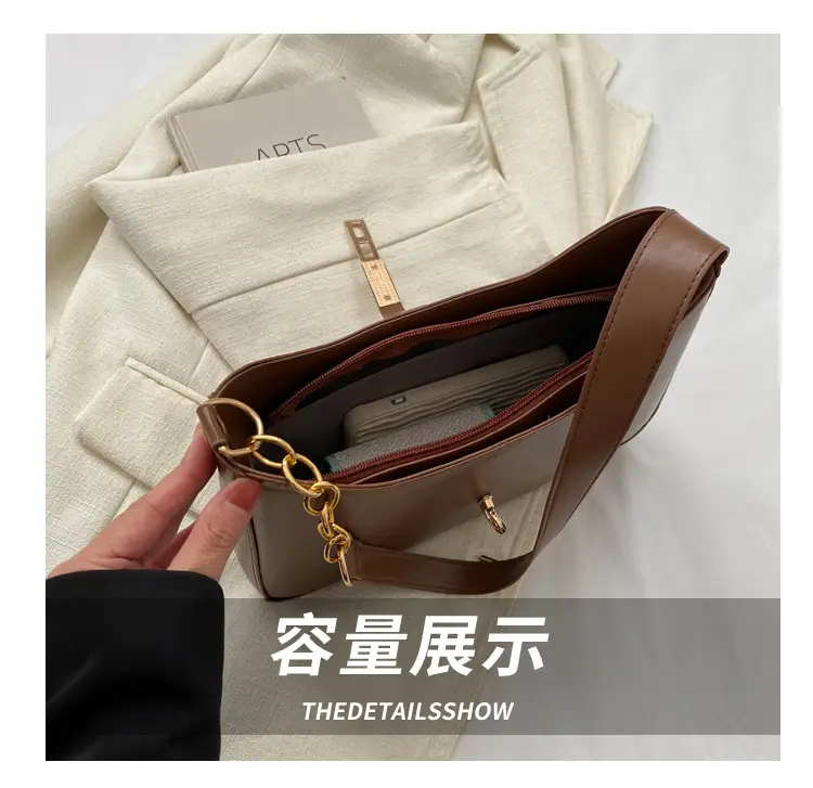 Brown Leather Shoulder Bag with Gold Chain for Women — feature 6