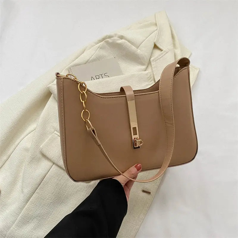 Brown Leather Shoulder Bag with Gold Chain for Women