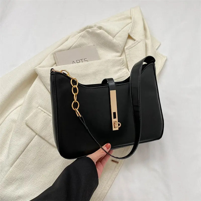 Brown Leather Shoulder Bag with Gold Chain for Women