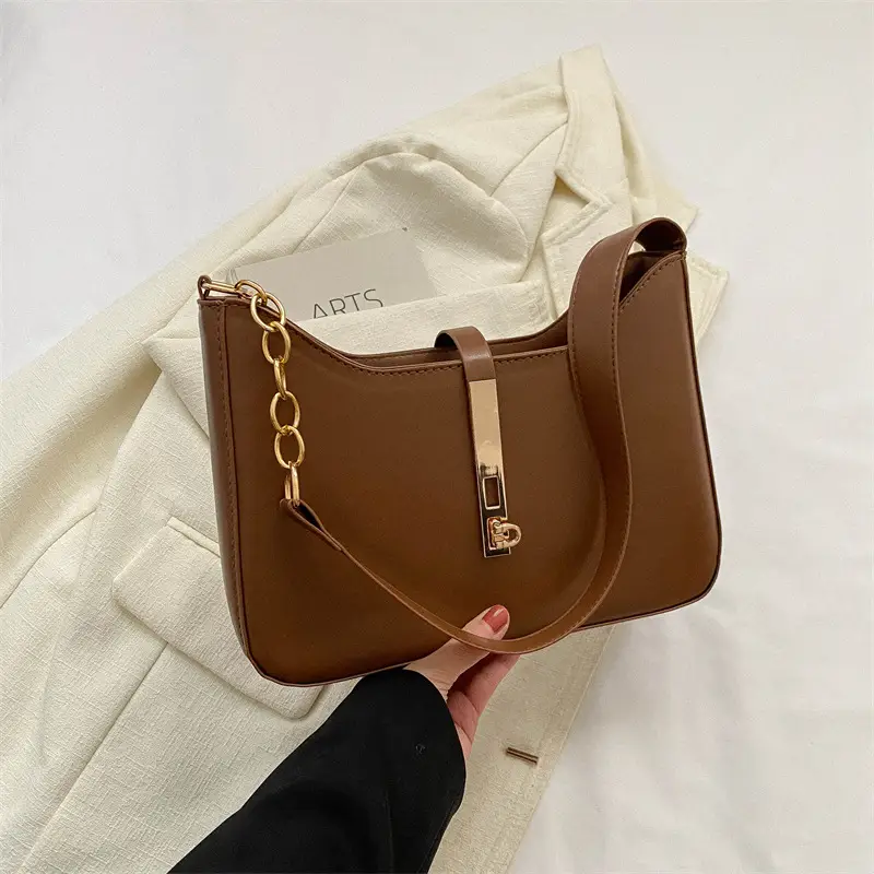 Brown Leather Shoulder Bag with Gold Chain for Women