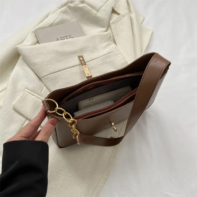 Cross-Border Minimalist Chain Women's Bag Brown Gold Chain - Image 6