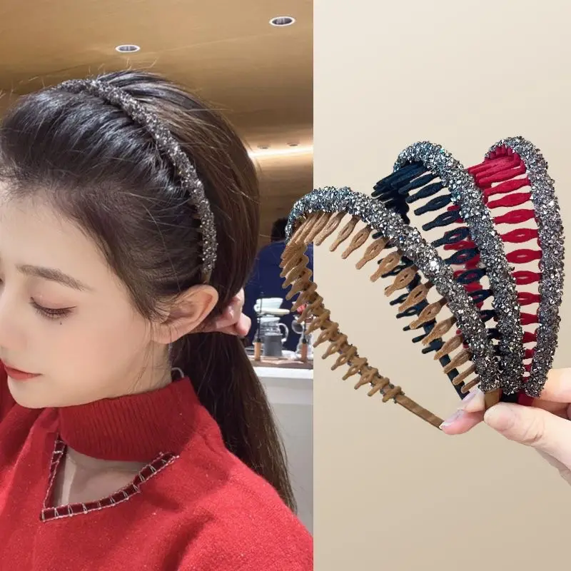 Flocking Flash Drill Hairpin with Tooth Wash Face Bangs Headband Non-slip Hair Bundle — feature 3