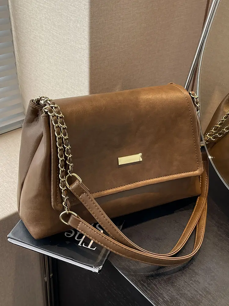 Women's Textured Chain Shoulder Bag Brown 2023 - Image 7